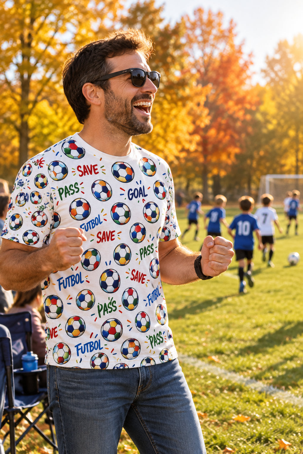 Soccer Pattern All-Over Print Tee — Futbol Goal, Pass & Save Design
