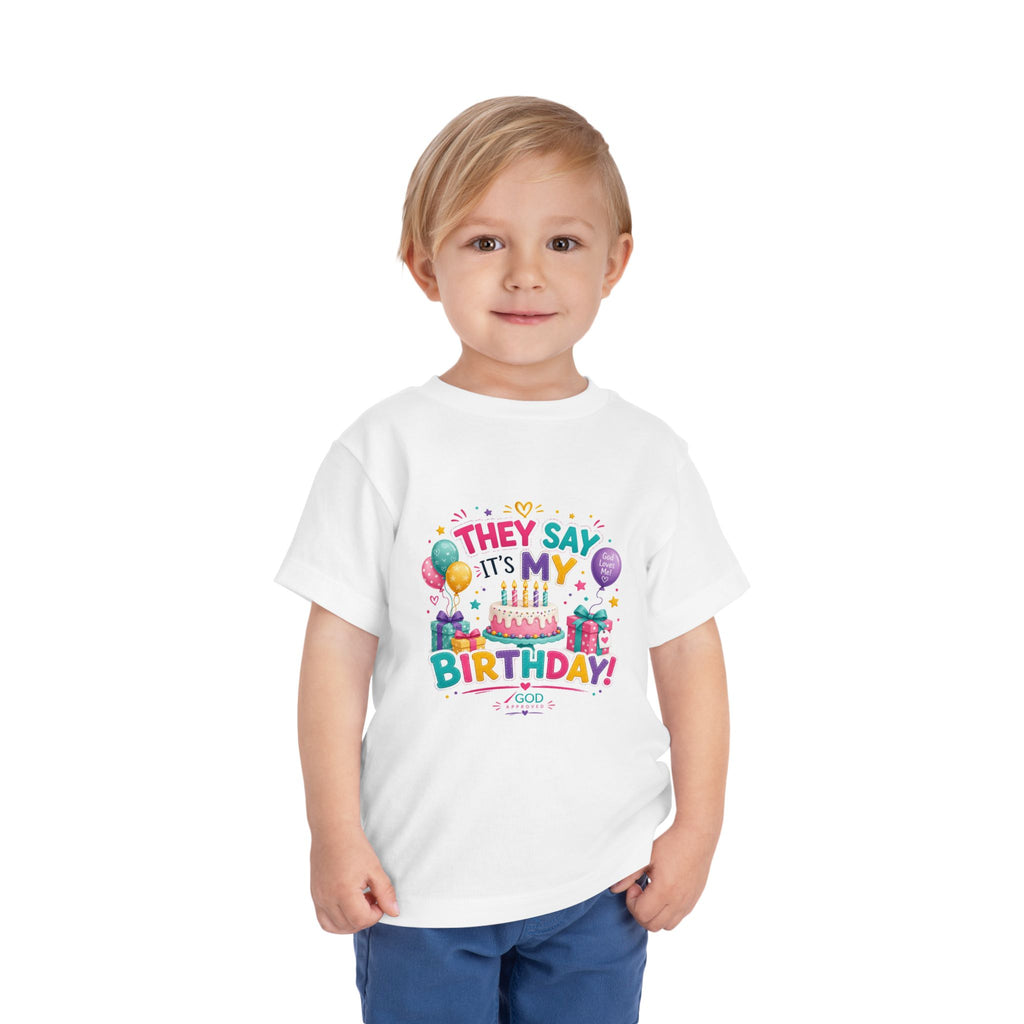 Toddler Birthday Tee - "They Say It's My Birthday" Colorful Cake & Balloons