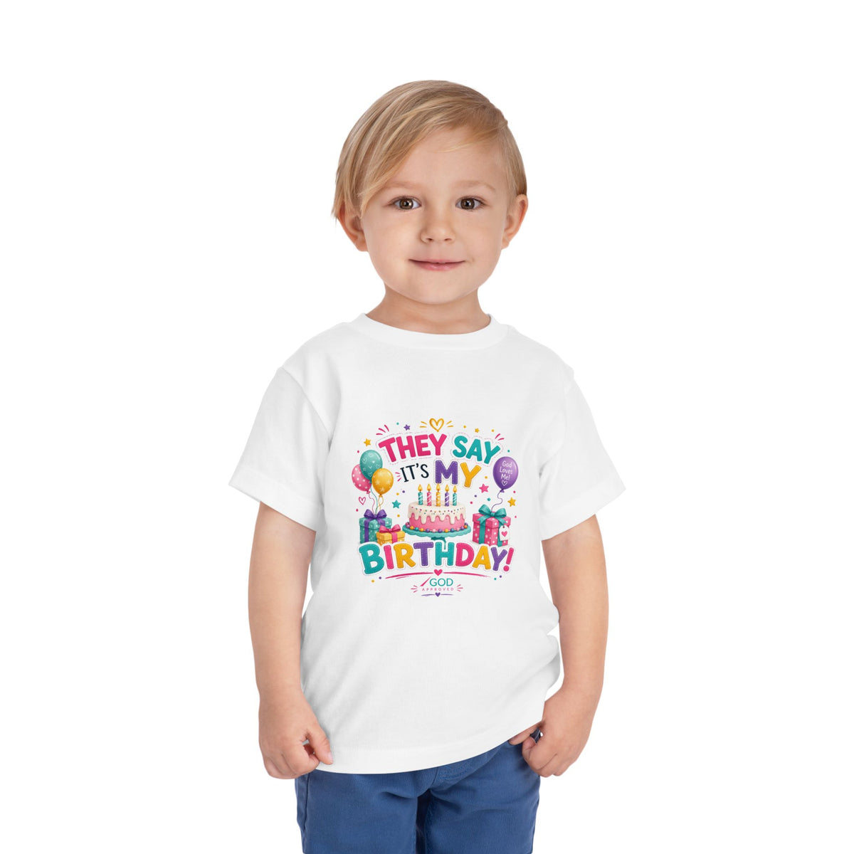 Toddler Birthday Tee - "They Say It's My Birthday" Colorful Cake & Balloons