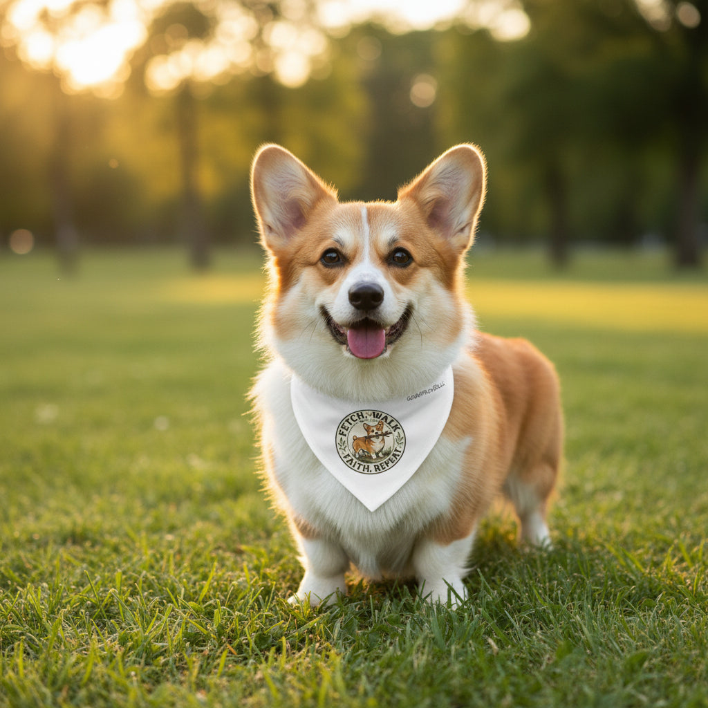 Clip-On Pet Bandana — "Fetch, Walk, Faith Repeat" Corgi Graphic