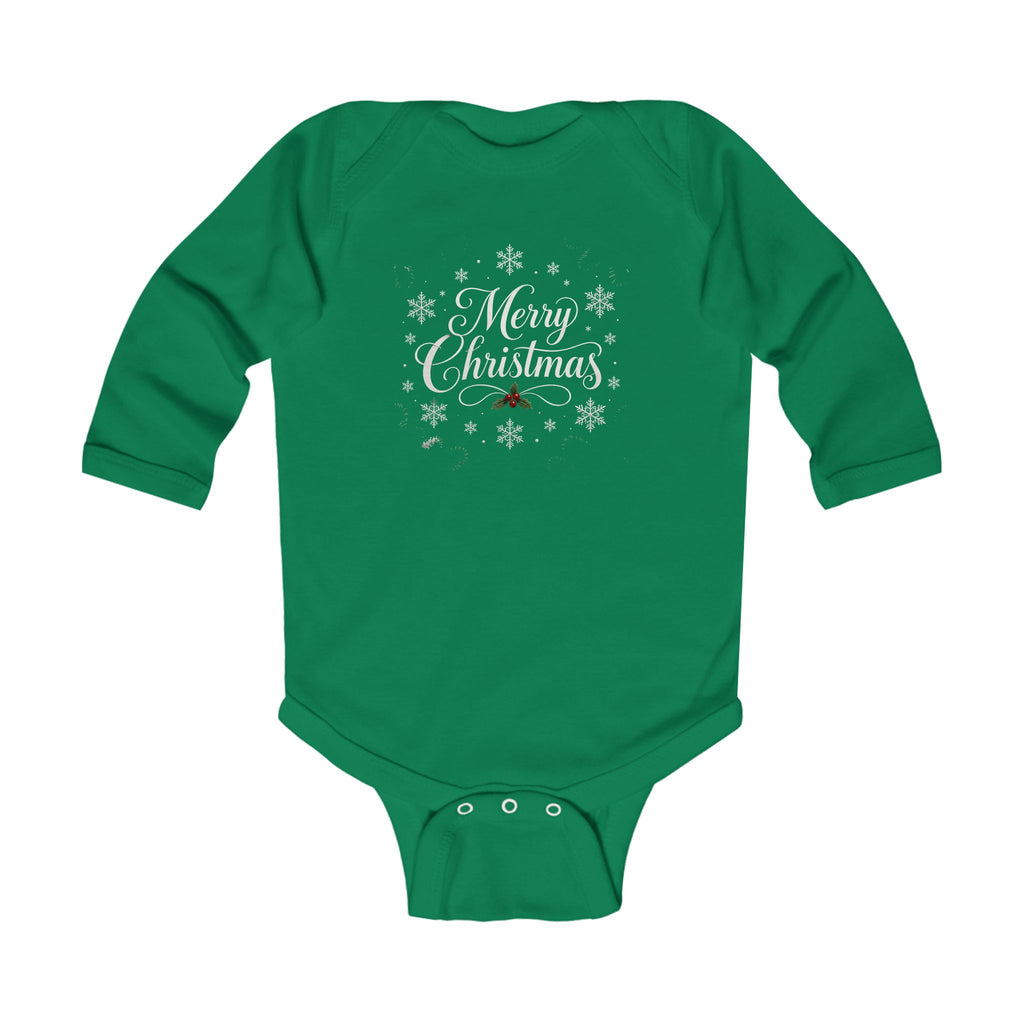 Infant Bodysuit - "Merry Christmas" Holiday Baby Onesie with Snowflake & Holly Design