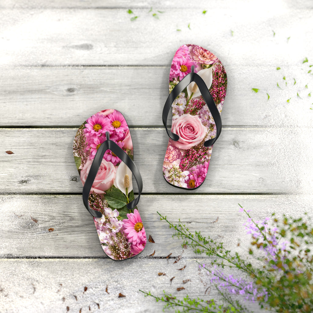 Floral Flip Flops — Pink Rose & Daisy Beach Sandals