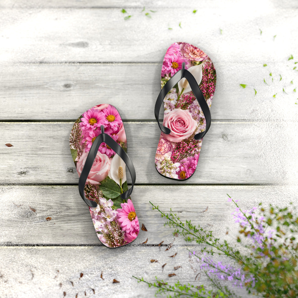 Floral Flip Flops — Pink Rose & Daisy Beach Sandals