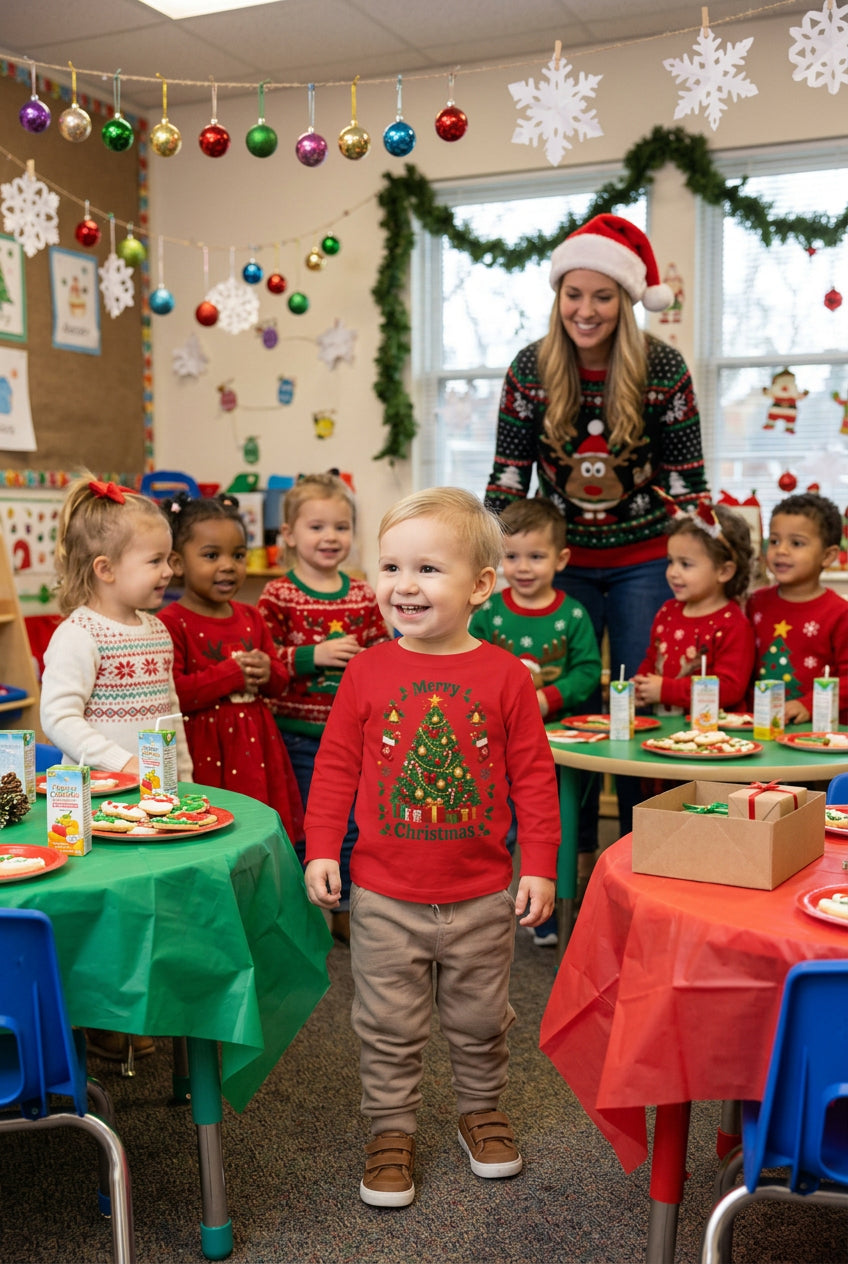 Merry Christmas Toddler Long Sleeve Tee with Christmas Tree