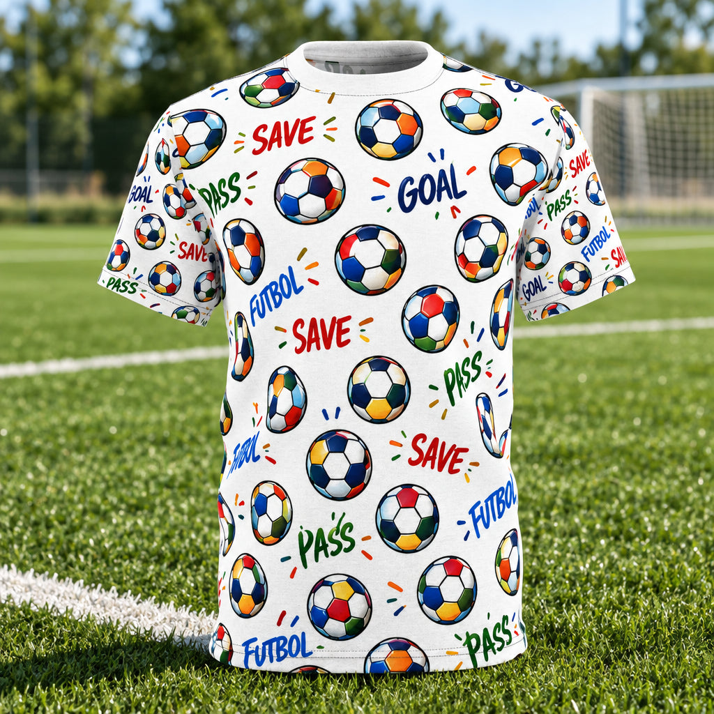 Soccer Pattern All-Over Print Tee — Futbol Goal, Pass & Save Design