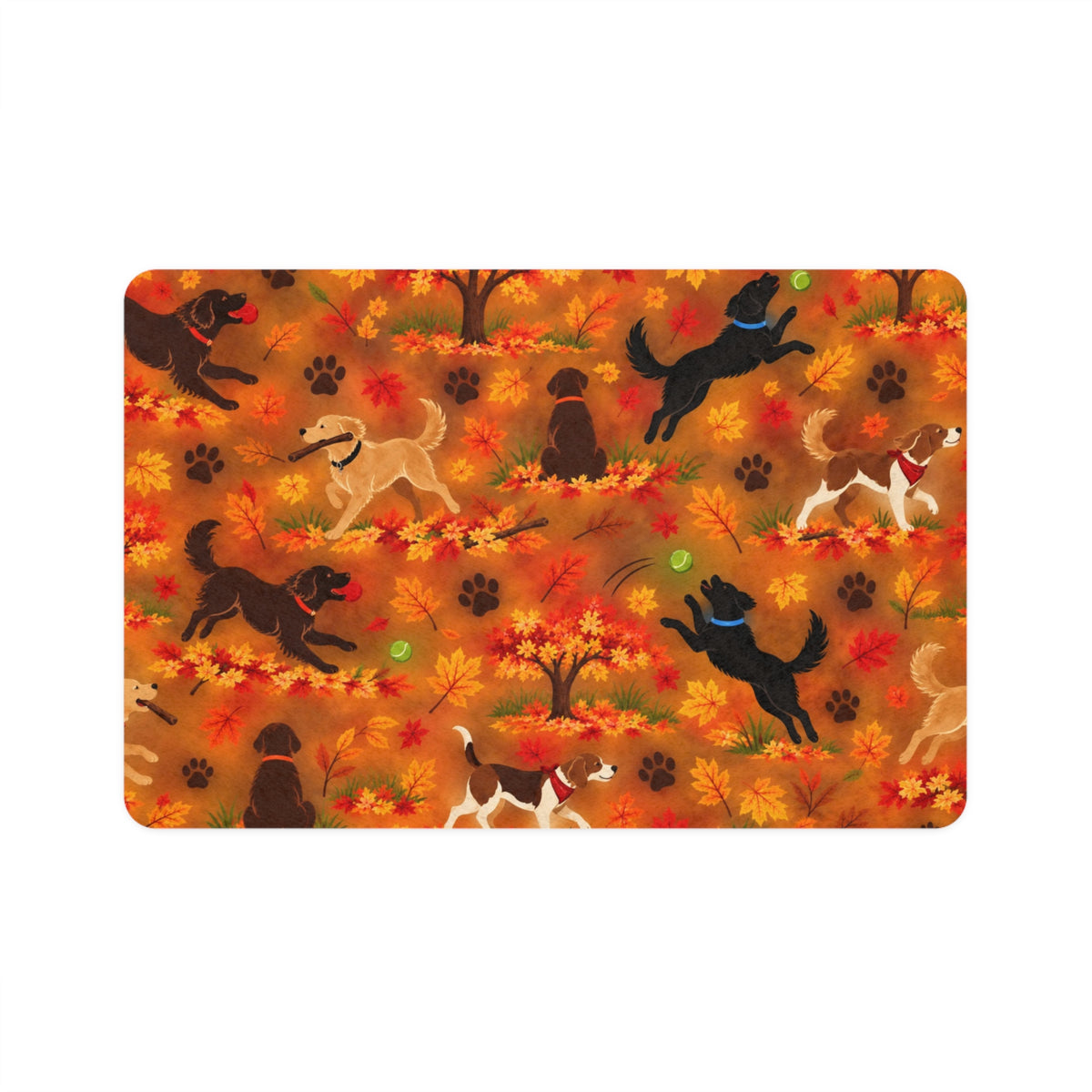 Autumn Dog Food Mat (12x18) — Fall Leaves & Playful Dog Placemat