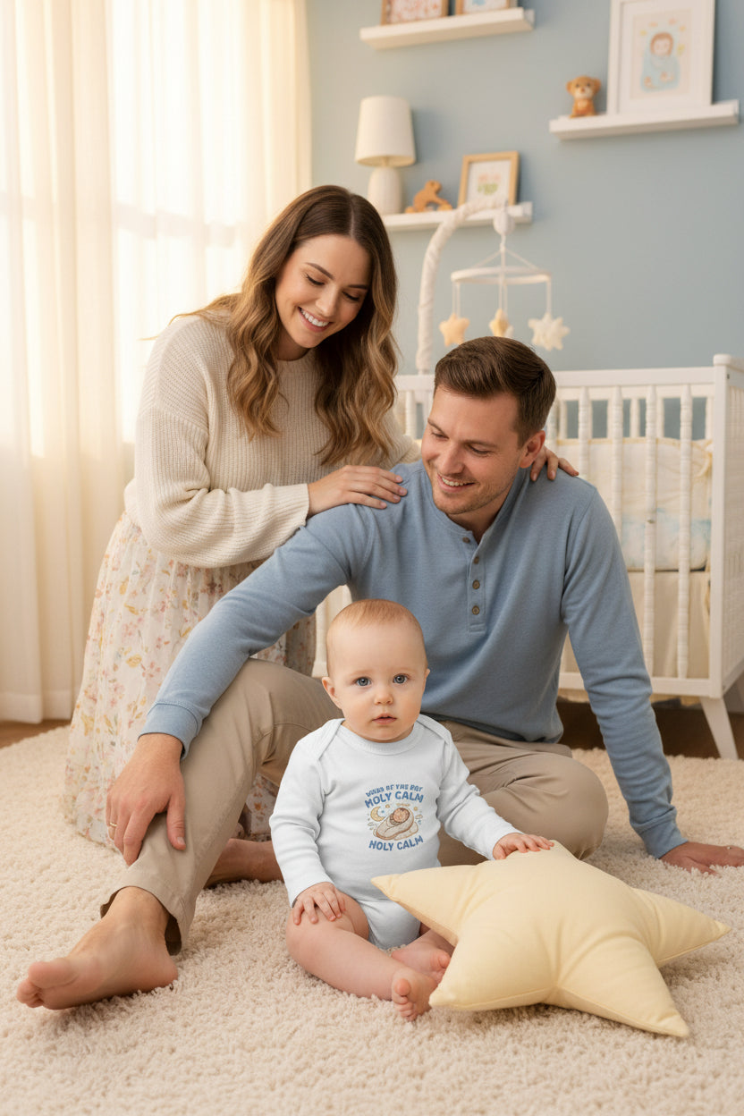 Baby Bodysuit — "Word of the Day: Holy Calm" Cute Swaddled Infant Long-Sleeve Organic Onesie