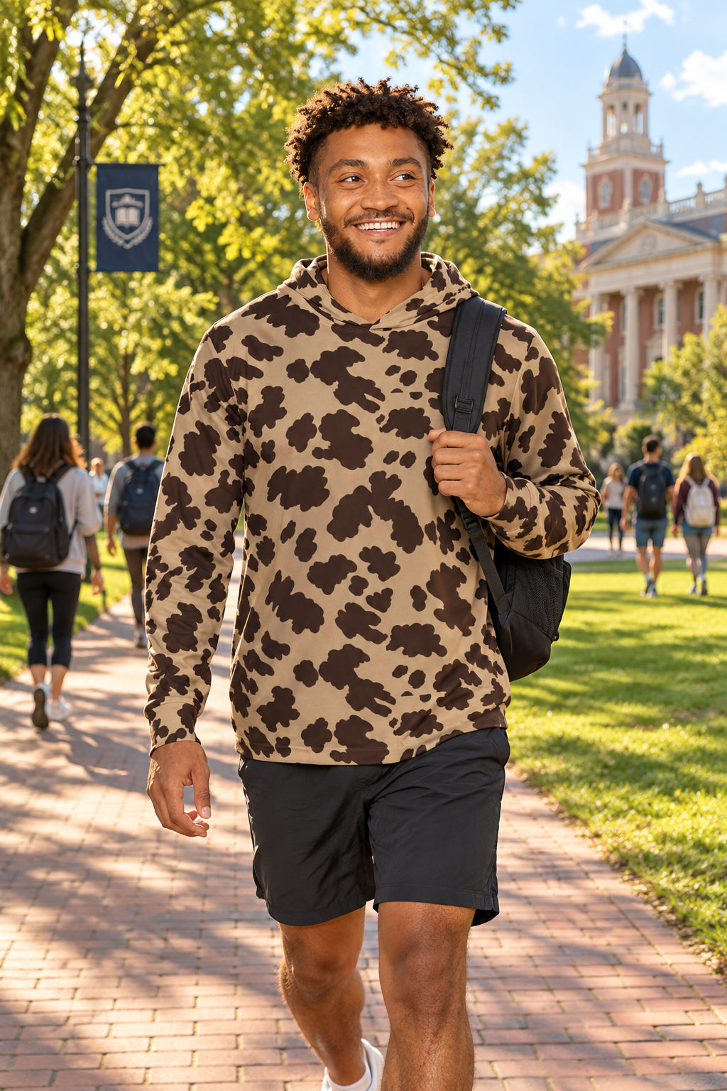 Brown Cow Print Hoodie — All-Over-Print Warmup Pullover