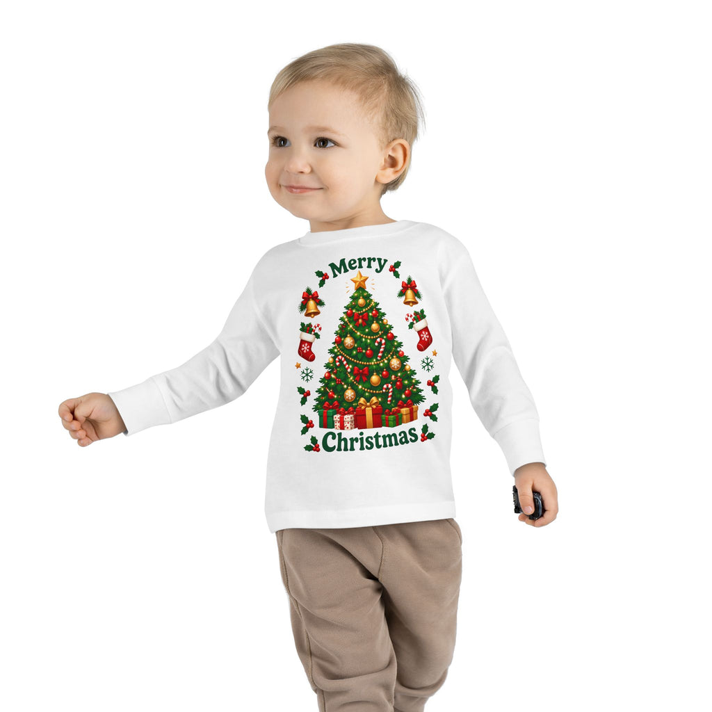 Merry Christmas Toddler Long Sleeve Tee with Christmas Tree