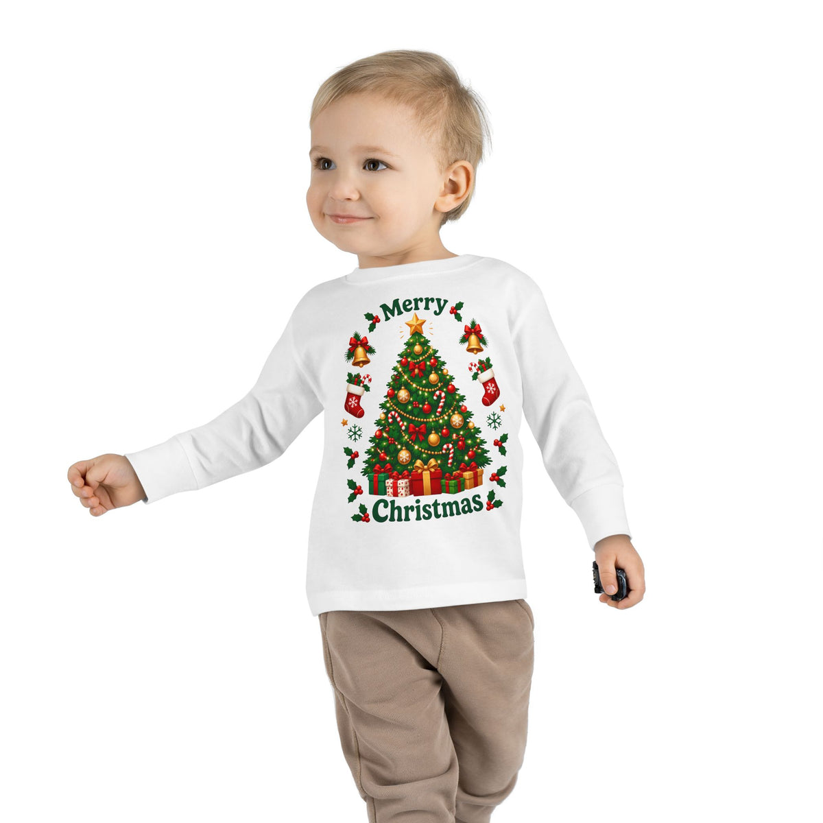 Merry Christmas Toddler Long Sleeve Tee with Christmas Tree