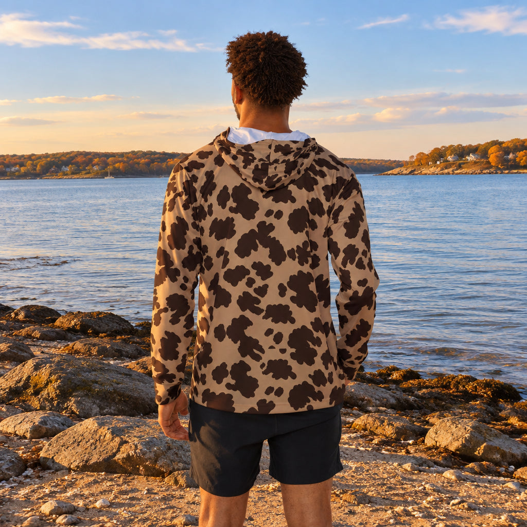Brown Cow Print Hoodie — All-Over-Print Warmup Pullover