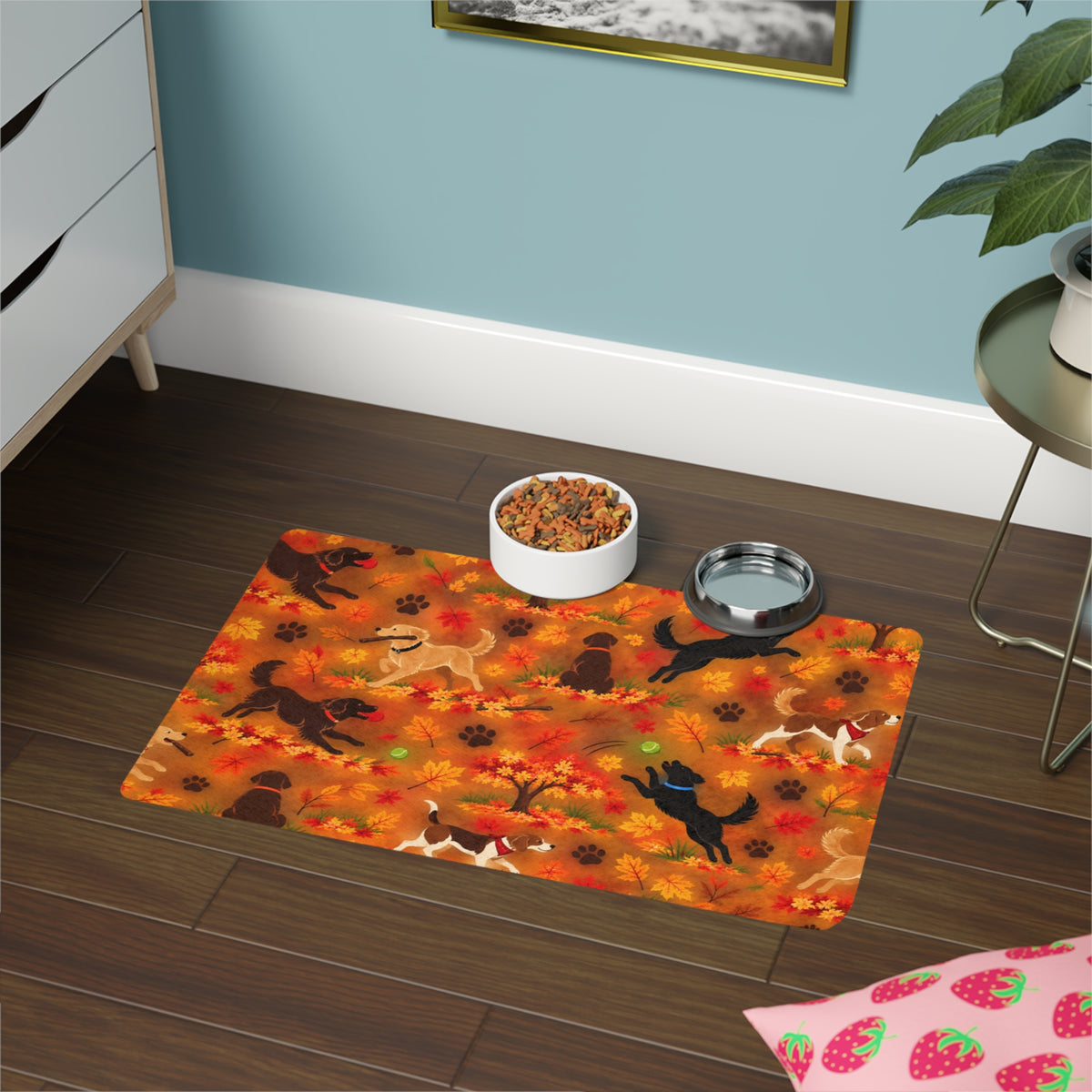 Autumn Dog Food Mat (12x18) — Fall Leaves & Playful Dog Placemat