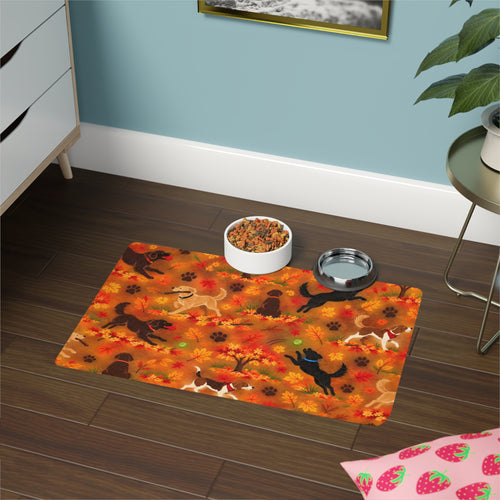 Autumn Dog Food Mat (12x18) — Fall Leaves & Playful Dog Placemat