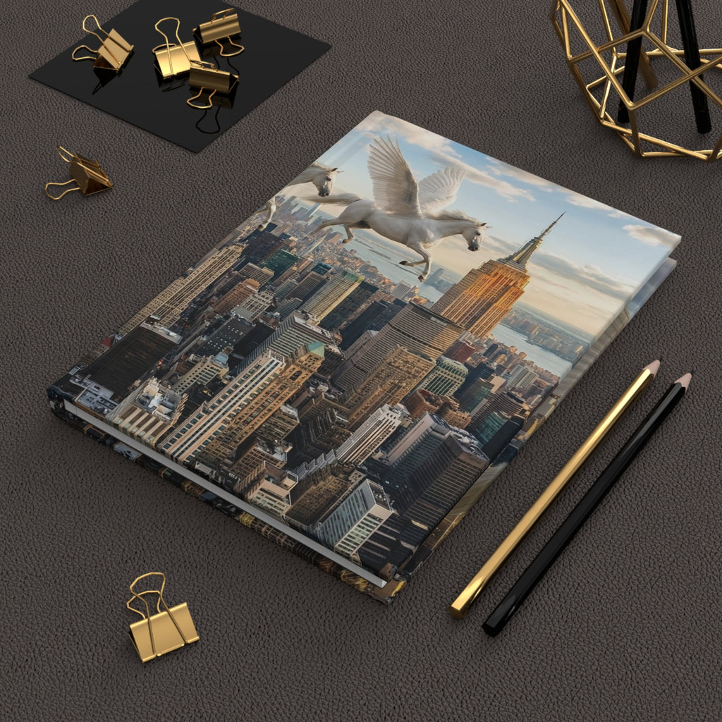 Pegasus Skyscraper View Hardcover Journal — Fantasy Cityscape Notebook