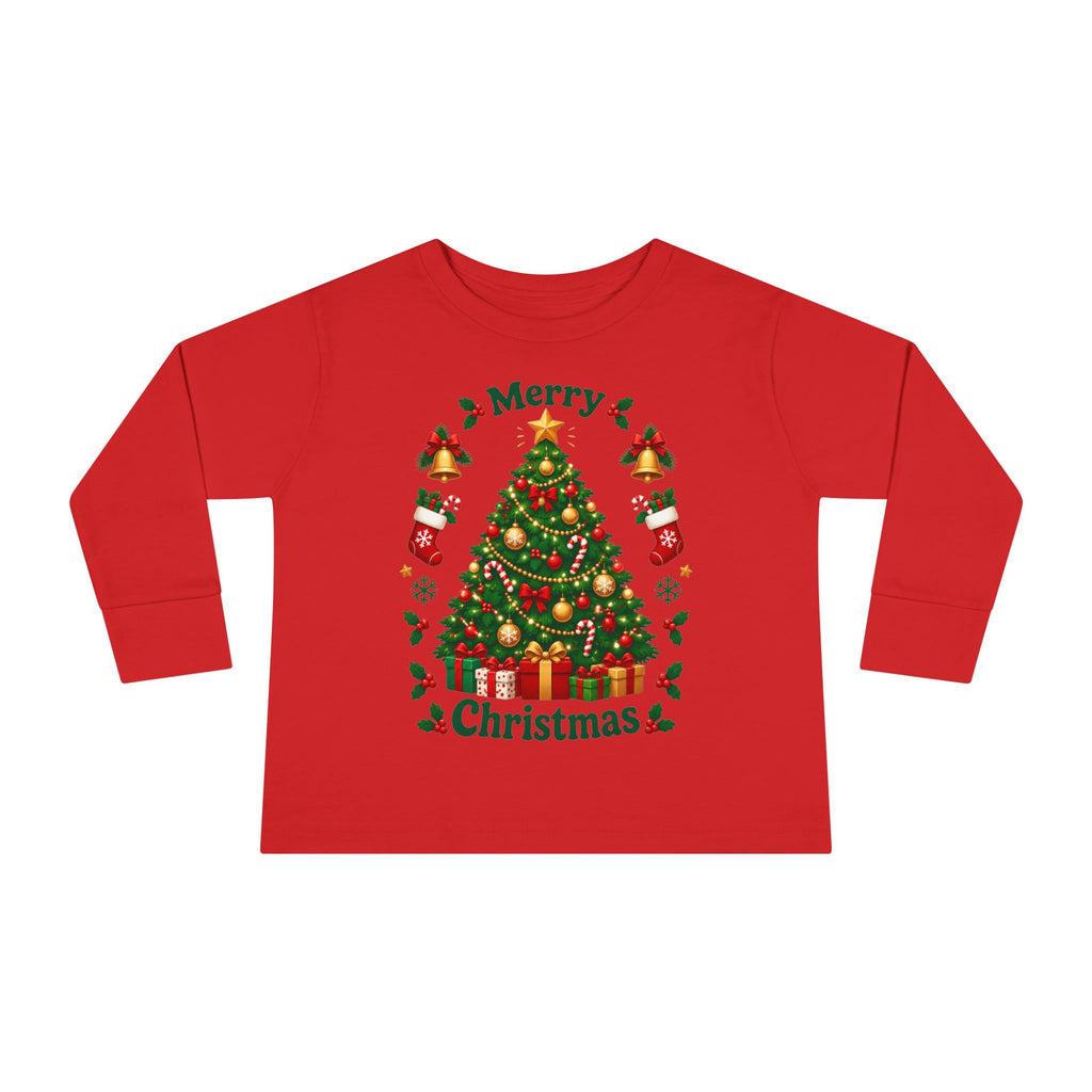 Merry Christmas Toddler Long Sleeve Tee with Christmas Tree