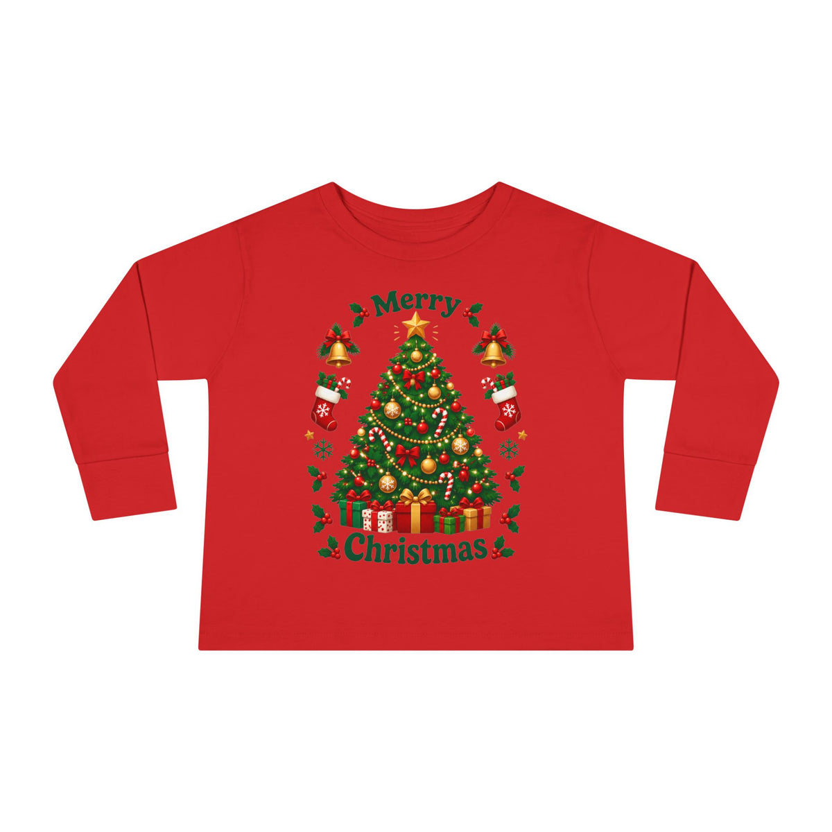 Merry Christmas Toddler Long Sleeve Tee with Christmas Tree