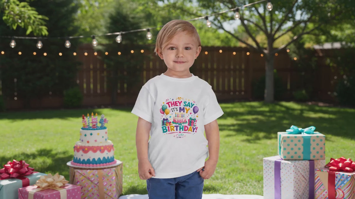 Toddler Birthday Tee - "They Say It's My Birthday" Colorful Cake & Balloons
